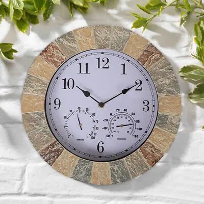 Large Garden Wall Clock With Thermometer & Hygrometer Outdoor Indoor Home Decor • £14.95