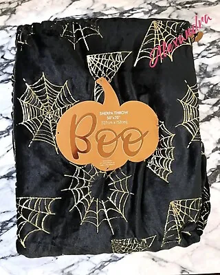 Halloween Sherpa Throw Blanket 50”x 70” Metallic Gold Spiderwebs BOO New • $20