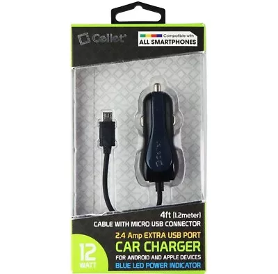 Cellet Car Charger (2.4A) With 4FT Micro USB Cable + Extra USB Port - Black • $8.99