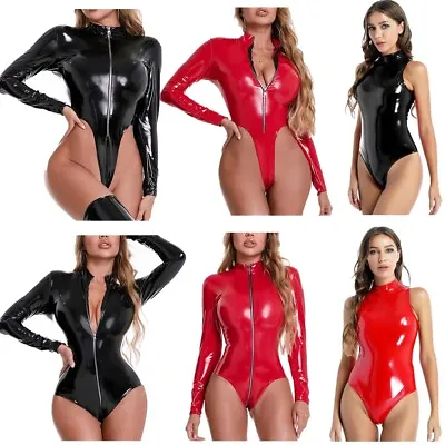 $10.11 • Buy Woman Wet Look Patent Leather High Cut Leotard Zipper Bodysuit Jumpsuit Lingerie