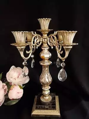 Vintage 4 Arm Candelabra Hanging Crystals Black Marble Base 13   • $65