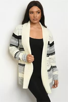 Misses Ivory And Gray Long Sleeve Sweater Cardigan Size Small Open Front  • $29.95