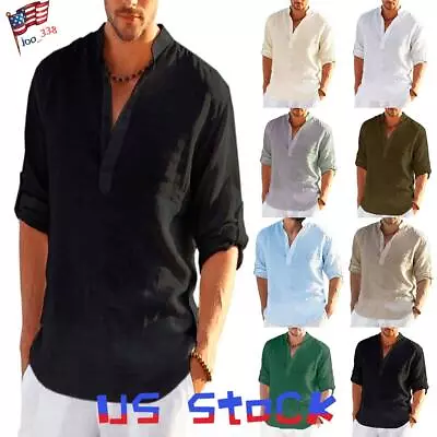 Mens Linen Beach Shirts Plain Loose Casual Shirt Summer Blouse Tops Plus Size • $19.56