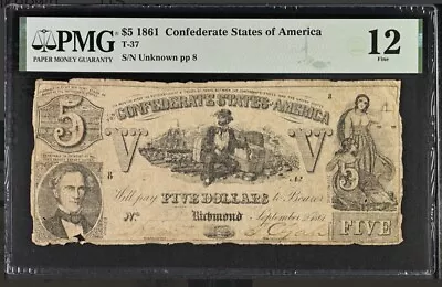 T-37 $5 1861 Confederate States Currency Banknote Civil War Money PMG Fine 12 • $99.99