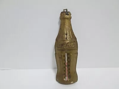 1940 Vintage Small Coca Cola Gold Bottle Shaped Die Cut Tin Litho Thermometer • $25