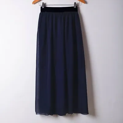 £11.99 • Buy Navy Blue Maxi Skirt Women Double Layer Chiffon Pleated Retro Long Dress Elastic