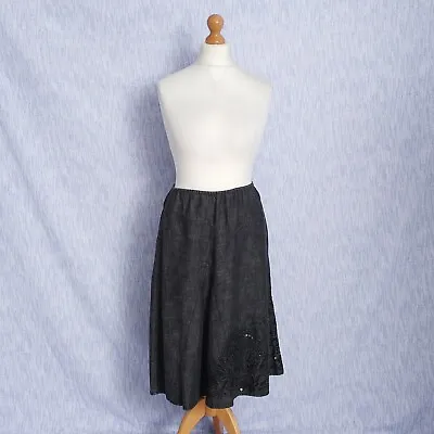 M&S Denim A Line Embroidered W Sequins Skirt UK 14 Long Grey Elastic Waist • £12.99