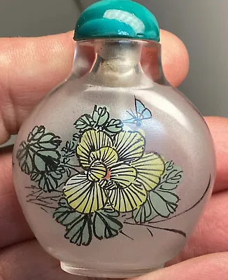 Vintage Snuff Bottle Inside Painted Malachite Top Butterfly & Flowers • $22