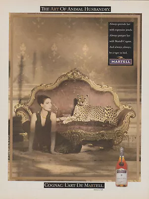 1990 Martell Cognac -  Animal Husbandry  Girl Leopard Antique Sofa - Print Ad • $9.79