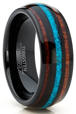 Black Tungsten Wedding Band Ring Koa Wood Crushed Turquoise • $11.99