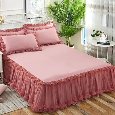 3X Mesh Lace Ruffle Bed Skirt Bedspread Sheet Dust Deep Drop Solid Pillowcase • £33.73