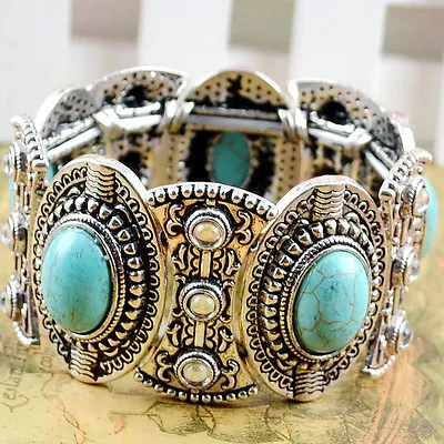 Chic Boho Womens Retro Vintage Natural Turquoise Tibetan Silver Bracelet Cu~mj • $6.69