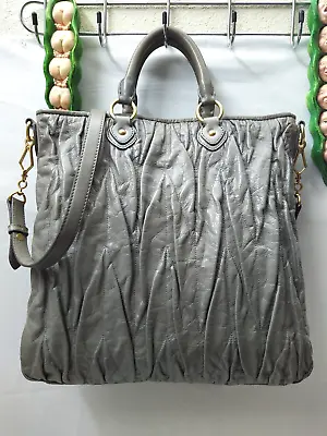 Miu Miu Matelasse Metallic Gray Pleated Leather Tote Shoulder Bag Purse • $380