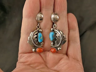 Navajo Turquoise Coral Silver Dangle Earrings 15.1 Gms Vintage Tucson Estate • $134.99