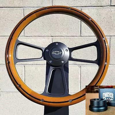 14  Inch Black Billet Steering Wheel Wood Wrap Chevy Bowtie + Adapter GM Flaming • $224.15