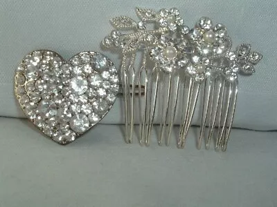 Vintage Faux Pearl & Rhinestone Metal Slide Hair Comb & Heart Barrette • $16