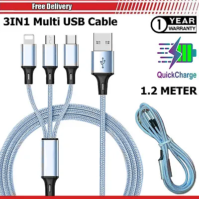 3 In 1 Multi USB Phone Charger Cable For IPhone Android Charging Sync Braided UK • £3.95