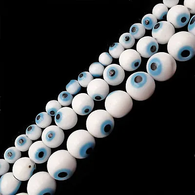 $5.99 • Buy White Evil Eye Glass Smooth Round Beads Size 6mm 8mm 10mm 15.5  Strand