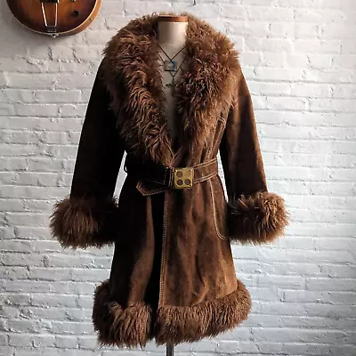 Vintage Penny Lane Fur Furry Genuine Suede Leather Groovy Mod Trench Coat Jacket • $599