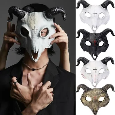$11.93 • Buy Halloween White Goat Twisted Ram Horns Devil Demon Cosplay Costume Mask