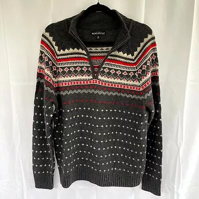 J. Crew Mercantile Gray Red Fair Isle 1/7 Zip Wool Blend Sweater Size M • $24