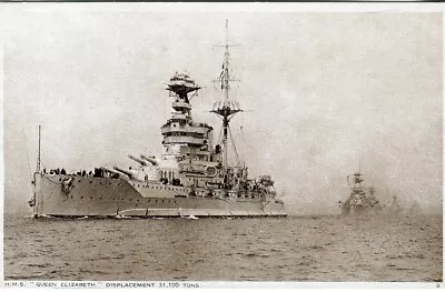 HMS Queen Elizabeth (1913) WWI WWII Royal Navy Dreadnought Battleship Postcard • £5