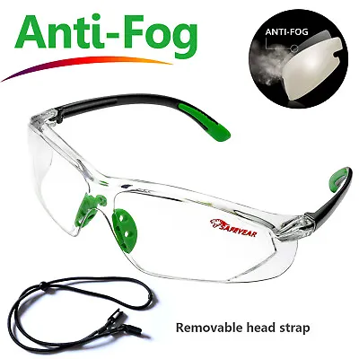 Safeyear Safety Glasses Goggles Work Lab Anti-Fog Clear Lens Neck Cord Z87.1 GN • $13.99