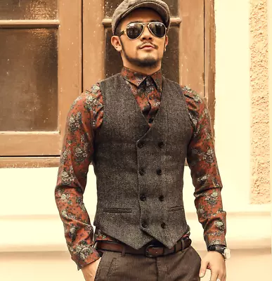 Mens Wool Blend Double Breasted Formal Dress Suit Waistcoat Slim Fit Vest Jacket • $34.19