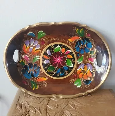 Vintage Mexican Folk Art Batea Wooden Tray Oval Bowl Hand Painted ~70’s 13.5  • $18.69