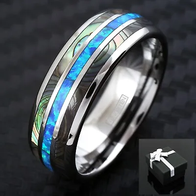 8mm Tungsten Carbide Men's Abalone And Hawaiian Blue Opal Wedding Band Ring • $20.99