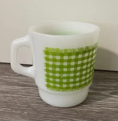 Vintage Fire King Anchor Hocking Green Gingham Plaid Stackable Milk Glass Mug • $7.85