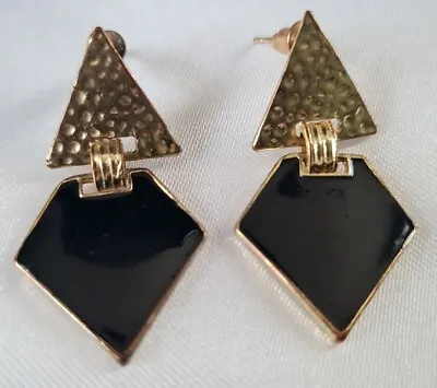 Vintage Earrings Black Gold Geometric Triangle Drop Dangle Chandelier Enamel  • £14.99