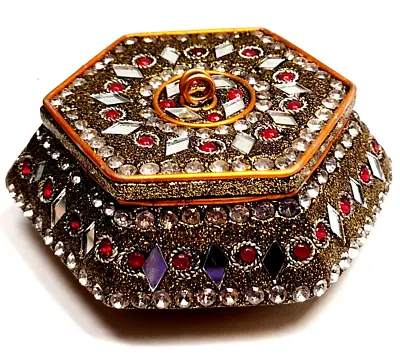 Gold Jeweled Mosaic Trinket Jewelry Box Rhinestone Crystal Inlay Sparkle Bling • $15.39