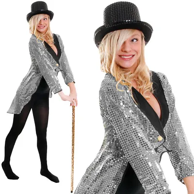 Silver Sequin Tailcoat Cabaret Fancy Dress Adult Circus Ringmaster Dance Costume • £15.99