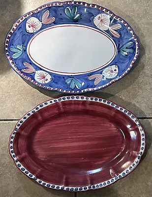 Vietri Solimene  Blue Fish & Reddish Large Oval Serving Platter Lot Of 2 USED • $124.99