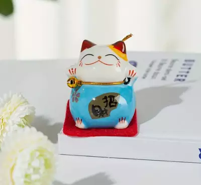 Good Luck Cat BLUE Creative Painted Cultural Cartoon Ceramic Animal Decoration • $8.03