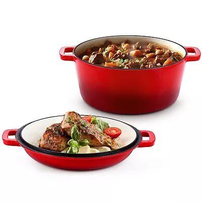 2 In 1 Enameled Cast Iron Dutch Oven 5 QT Pot & 2 Quart Skillet Lid  Non-Stick • $69.53