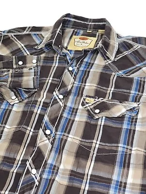 Larry Mahan Mens Shirt Long Sleeve Button Up Blue Brown Plaid Western Small • $20