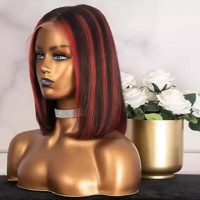 Short Bob Straight Black Red 100% Brazilian Human Hair T Part Lace Front Wig New • $72.19