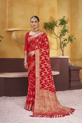 Designer Red Heavy Zari Weaving Viscose Work Sari Georgette Wedding Wear Saree • $86.95