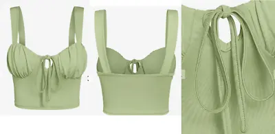ZAFUL Front Tie Ruched Bust Milkmaid Crop Top - Light Green S • £4.99