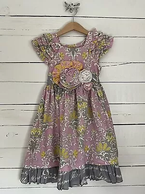 MUSTARD PIE Sz 6 Ruffle Twirl Dress Floral Purple Gray Yellow • $28.49