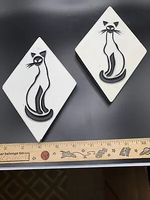 $25 • Buy Vintage MCM Chalkware Cat Wall Plaques Pair Siamese Black & White Diamond Shape