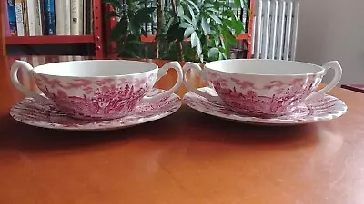 2 Myott Royal Mail Double Handle Cream Soup Bowls And Saucers Red • $25