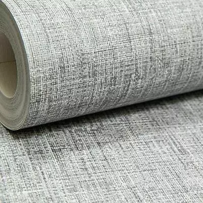 Medium Grey Plain Woven Linen Effect Slightly Textured Free Match Wallpaper • £1.99