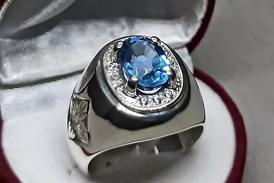 Natural Blue Sapphire/ Topaz Sterling Silver 925 Handmade Anniversary Mens Ring • $230