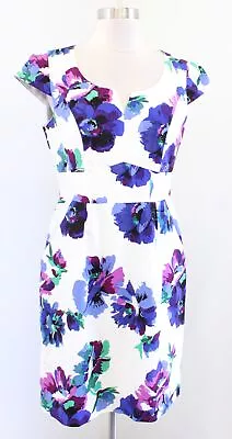 Shoshanna Ivory White Blue Floral Print Cap Sleeve Sheath Dress Size 6 Silk • $29.99