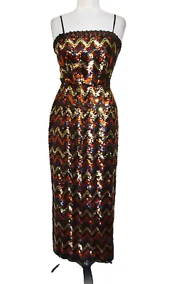 VTG 70s Lilli Diamond Column Gown Small Metallic Brown Gold Copper Sequin Dress • $125