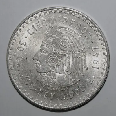 S3 - Mexico 5 Pesos 1947 Brilliant Uncirculated Silver Coin -Head With Headdress • $48.77