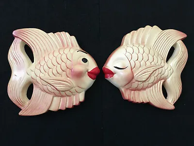 Vintage Pair Mid Century Modern Gold And Red Plaster Ceramic Kissing Fish • £82.04